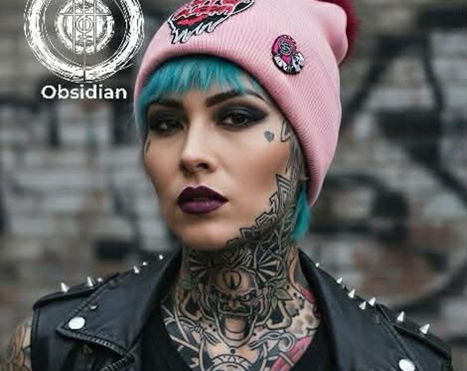 Custom Pink & Red Pom Beanie - "Stay Weird" | Custom Charm Winter Hat | Pastel Goth Grunge Streetwear | Edgy Alt Fashion Accessory