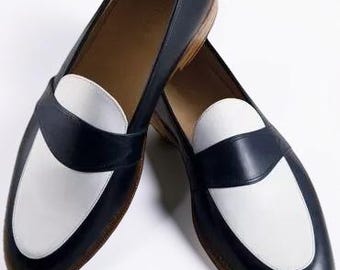 Handmade Men Navy blue and white leather shoes, Men slip ons