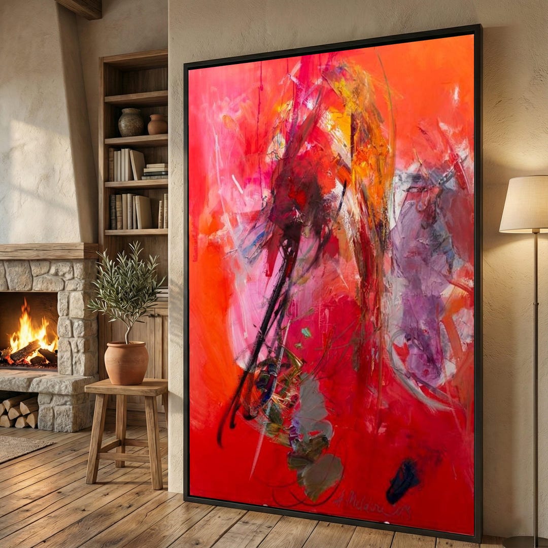 Vibrant Abstract Red and Orange Canvas, Modern Expressionist Wall Art ...