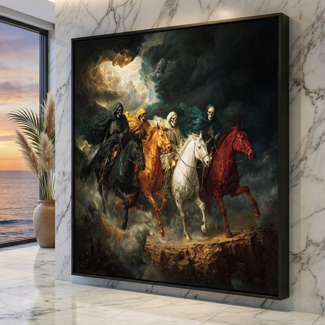 Four Horsemen of the Apocalypse Canvas, Dark Fantasy Skeleton Riders ...