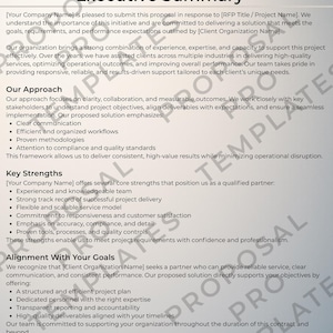 Könnte beinhalten: Eine Vorlage für ein Geschäftsvorschlag mit dem Titel "Executive Summary". Das Dokument enthält Abschnitte zu Ansatz, wichtigsten Stärken und Zielausrichtung, mit Platzhaltertext für Unternehmens- und Kundendetails.