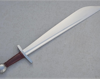 May include: A medieval-style sword with a wide, silver blade and a brown leather-wrapped handle. The handle has a silver pommel and crossguard. The sword is displayed against a neutral gray background.