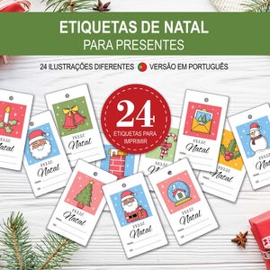 Puede incluir: Un conjunto de etiquetas de regalo navideñas con varias ilustraciones festivas, incluyendo a Papá Noel, muñecos de nieve y árboles de Navidad. Las etiquetas son blancas con diseños coloridos y la inscripción "Feliz Natal". La imagen también incluye el texto "24 etiquetas para imprimir".