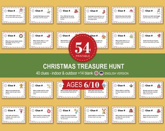 Può includere: Un gioco di caccia al tesoro natalizio con 54 indizi stampabili per divertirsi in casa e all'aperto. Il gioco è progettato per bambini dai 6 ai 10 anni e include 40 indizi più 14 carte vuote. Le carte hanno un design festivo.