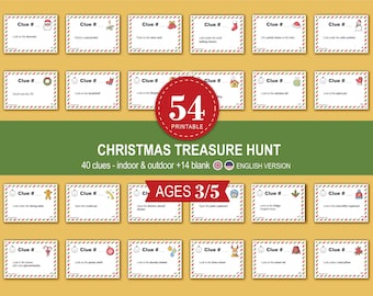 Può includere: Un gioco di caccia al tesoro natalizio con 54 indizi stampabili per interni ed esterni. Le carte presentano illustrazioni e testo festivi, progettati per bambini di 3/5 anni. Le carte sono disposte su uno sfondo giallo.