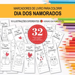 Könnte beinhalten: Eine Sammlung von 32 ausdruckbaren Valentinstag-Ausmal-Lesezeichen. Jedes Lesezeichen hat ein einzigartiges Design mit Herzen, Vögeln und anderen Illustrationen zum Valentinstag. Buntstifte sind im Hintergrund angeordnet.
