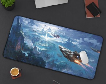 Tapete de mesa | Mouse pad | Médio, Grande, Extra Grande | Estilo Espacial, Nave Espacial Azul com Paisagem Alienígena