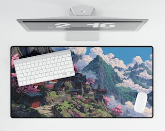 Desk Mat | Mouse Pad | Small, Medium, Large | Cherry Blossom Mountain Village | Scenic Anime Landscape