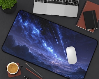 Desk Mat | Mouse Pad | Medium, Large, Extra Large |  Space Style,  Blue Galaxy Clouds, Meteors