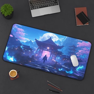 Alfombrilla de escritorio/alfombrilla de ratón/tapete mediano, grande, extragrande / Templo de fantasía con temática de anime iluminado por la luna