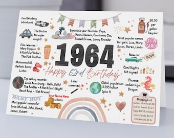 Cartão de aniversário para imprimir, cartão de aniversário digital para download, download instantâneo, personalizável, cartão de aniversário de 62 anos, editável, cartão de 1964
