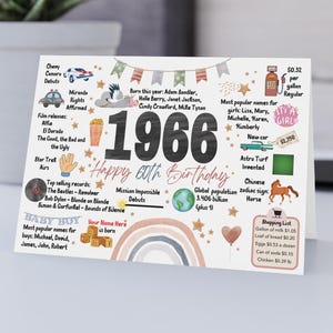 May include: A white birthday card with the year 1966 and the text "Happy 60th Birthday". The card lists facts from 1966, including popular names, films, and music. A rainbow and stars decorate the bottom.