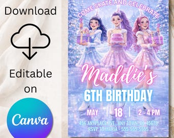 Convite de aniversário editável com tema de patinação, KPop e anime (modelo do Canva), Skate