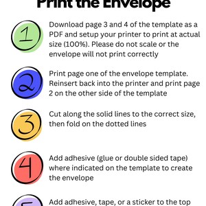 May include: A white graphic with instructions on how to make and print an envelope. The steps are numbered 1-5 and include downloading a PDF, printing, cutting, adding adhesive, and sealing.