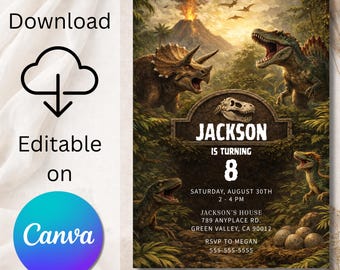Convite de aniversário editável com tema de dinossauro, festa jurássica com T-Rex (download digital)