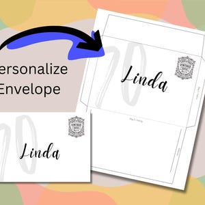 May include: A white envelope with the name "Linda" in cursive script and a large, light gray "70" design. The text "Personalize Envelope" is above the envelope. A vintage stamp is on the envelope.