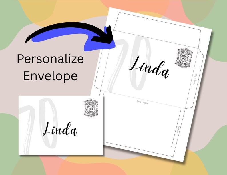 May include: A white envelope with the name "Linda" in cursive script and a large, light gray "70" design. The text "Personalize Envelope" is above the envelope. A vintage stamp is on the envelope.