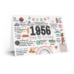 May include: A white card with a colorful design celebrating the year 1956. The card includes text about popular names, film releases, and top records from that year. A rainbow and stars decorate the card.