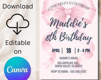 Convite de aniversário com laço rosa, modelo Canva, convite imprimível para festa Coquette, editável, download instantâneo em PDF