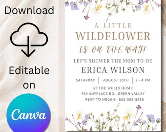 Convite para Chá de Bebê com Tema de Flores Silvestres, Modelo Floral para Canva (Download Digital)