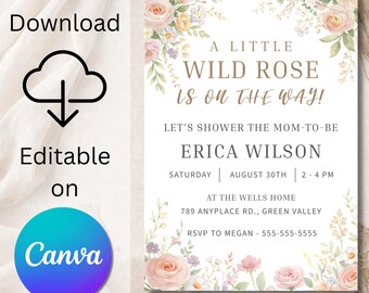 Convite para Chá de Bebê com Rosas Silvestres, Modelo Floral Rosa em Canva (Download Digital)