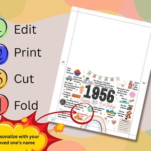 May include: A printable birthday card with the year 1956 and the text "Happy 70th Birthday." The card includes graphics and text about events from 1956. Instructions to edit, print, cut, and fold are shown.