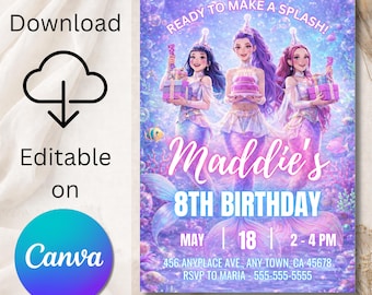 Convite de aniversário editável com tema de sereia, anime K-Pop (download digital, modelo do Canva)