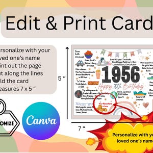 May include: A customizable birthday card with the text "1956 Happy 70th Birthday." The card includes facts from 1956, such as popular names, film releases, and top songs. The card measures 7 x 5 inches and can be personalized.