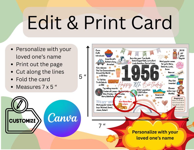 May include: A customizable birthday card with the text "1956 Happy 70th Birthday." The card includes facts from 1956, such as popular names, film releases, and top songs. The card measures 7 x 5 inches and can be personalized.