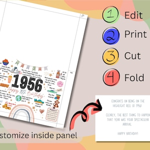 May include: A white card with the text "1956 Happy 70th Birthday" and a rainbow design. The card includes facts from 1956. A smaller card reads "Congrats on being on the highlight reel of 1956!" with instructions.