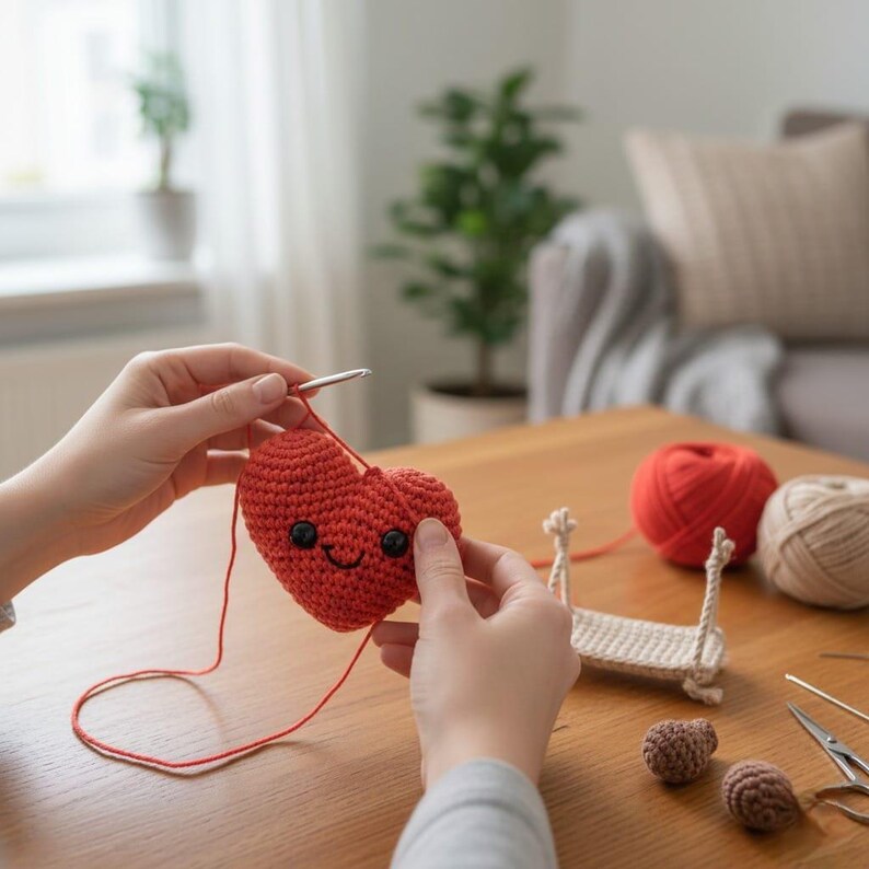 Pode incluir: Um cora&ccedil;&atilde;o vermelho de croch&ecirc; com um rosto sorridente &eacute; segurado por m&atilde;os, com uma agulha de croch&ecirc; inserida. Uma bola de fio vermelho e um pequeno balan&ccedil;o est&atilde;o sobre a mesa de madeira. O cora&ccedil;&atilde;o tem cerca de 7.6 cm de largura.