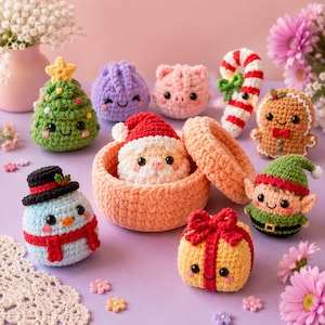 Modèle PDF de chaussons de Noël au crochet, collection Kawaii Amigurumi, Père Noël, renne, bonhomme de neige, lutin, facile, téléchargement numérique 6-10 cm
