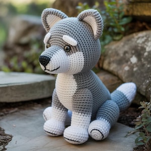 May include: A handmade crochet wolf plush toy in gray, white, and black. The wolf has a smiling face, upright ears, and a fluffy tail. The toy is sitting on a stone surface.