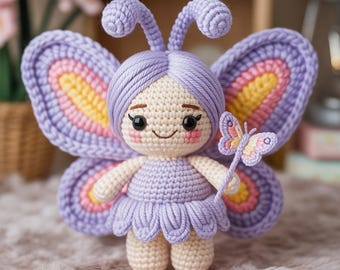 Padrão de crochê Amigurumi de boneca fada borboleta – Olhos bordados (padrão em PDF)