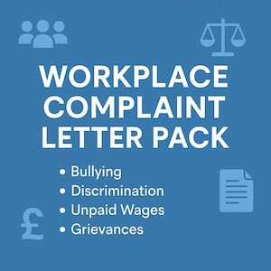 Może przedstawiać: Niebieska grafika z białym napisem "WORKPLACE COMPLAINT LETTER PACK". Obraz zawiera ikony ludzi, wag, dokumentu i symbolu funta brytyjskiego. Punkty wypunktowane wymieniają tematy: Mobbing, Dyskryminacja, Niezapłacone wynagrodzenia i Skargi.