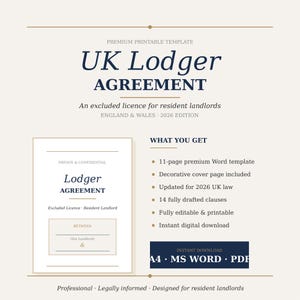 May include: A printable "UK Lodger Agreement" template, designed for resident landlords in England and Wales. The document features a navy blue title and lists key features, including a Word template and updated UK law.