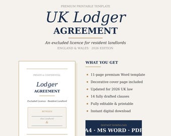 UK Lodger Agreement Template | Editable Room Rental Contract | Live-In Landlord Agreement | Word | Instant Download