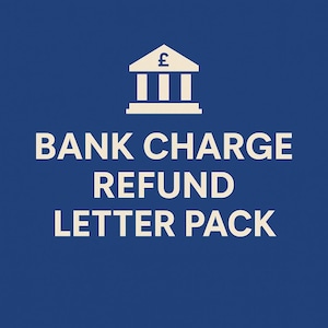 Könnte beinhalten: Blaues Grafikdesign mit weißem Text und einem Bank-Symbol. Der Text lautet „BANK CHARGE REFUND LETTER PACK“. Das Bank-Symbol ist ein weißes Gebäude mit einem Pfund-Symbol.