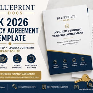 May include: A document titled "UK 2026 Tenancy Agreement Template" in white and navy blue, with the text "Assured Periodic Tenancy Agreement." Features icons and the England Compliant seal. A pen and keys are also visible.