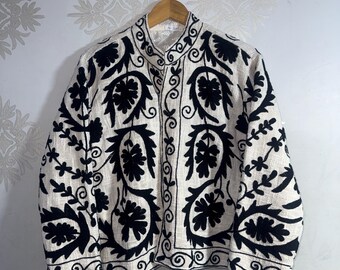 Handmade Cotton Embroidered Jacket, Black White Boho Short Jacket for Women.