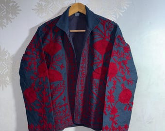 Hand Embroidered Kashmiri Jacket, Red Floral, Boho Winter Coat