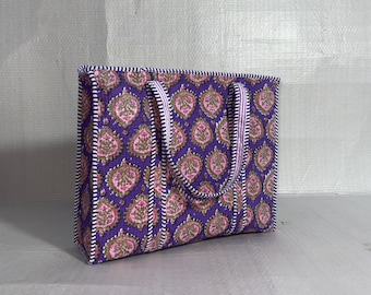 Purple Floral Quilted Cotton Tote Bag Handmade