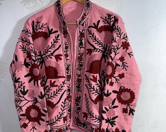 Hand Embroidered Wool Jacket, Pink Kashmiri Floral Boho Coat