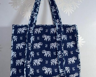 Quilted Cotton Tote Bag with Zipper – Handmade Blue Elephant Print, Gift For Her.