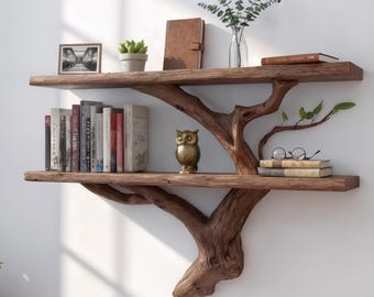 May include: A rustic, wooden tree-shaped bookshelf with two shelves. The shelves hold books, a small framed picture, a potted plant, a journal, a glass vase with greenery, and a golden owl figurine. The shelves are mounted on a white wall.