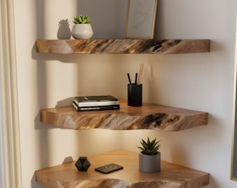 Handgemaakte zwevende houten hoekplank - massief houten dönerplanken met levende rand - handgemaakte gesneden sculptuur drijfhout zwevende plank voor muurbevestiging