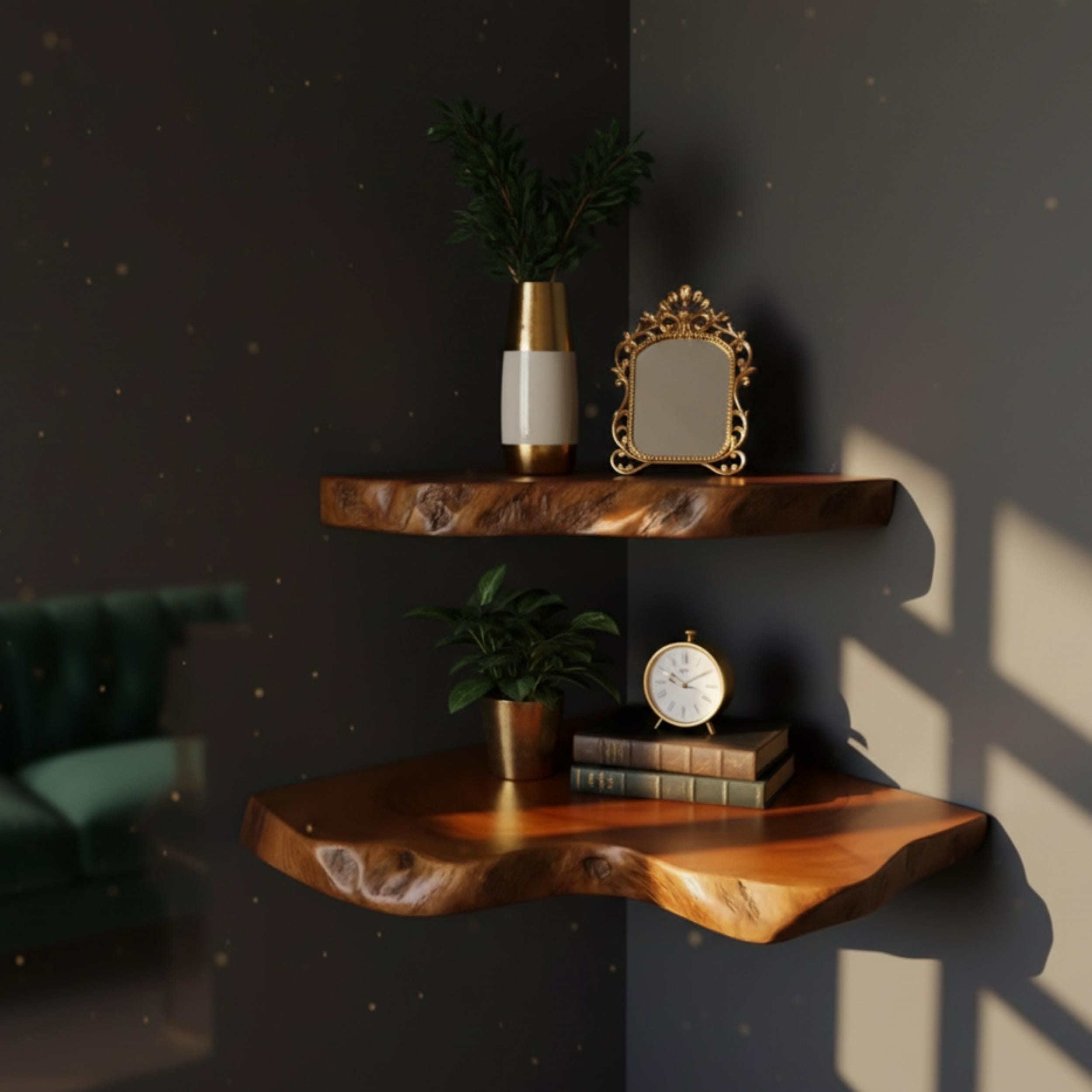 Live Edge Corner Shelf - Rustic Floating Shelf - Solid Wood Triangle ...