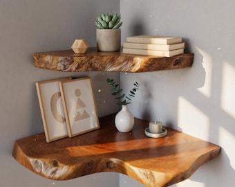 Live Edge Corner Shelf - Rustic Floating Shelf - Solid Wood Triangle Shelf - Natural Edge Corner Decor - Handmade Shelf Unit - Wooden Shelf