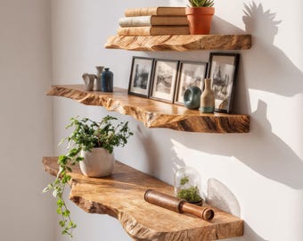 Mensola sospesa in radice di teak con bordo vivo - Mensole da parete rustiche con bordo grezzo in legno di noce Mensola da parete - Mensole da parete rustiche in legno massello