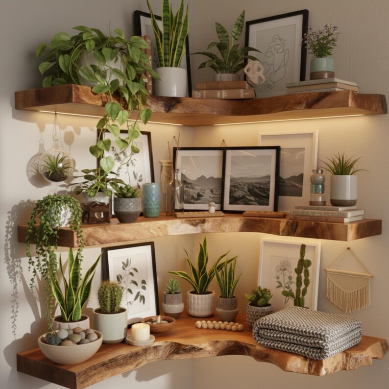 Live Edge Corner Floating Shelf – Natural Wood Rustic Wall Shelf ...